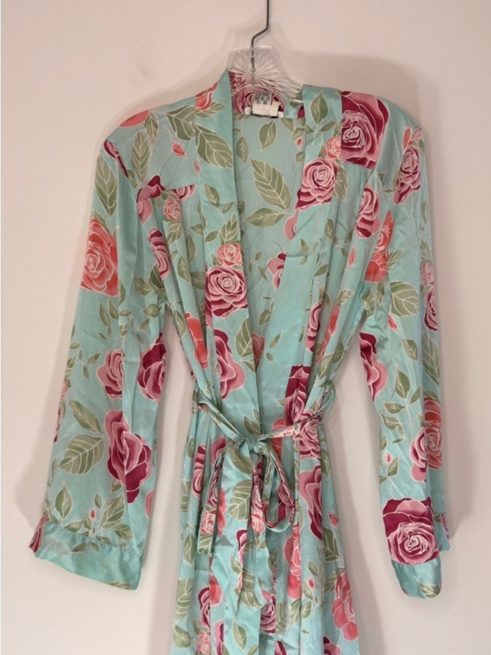 WinterSilks Aqua 100% Silk Floral Robe with Pink Roses